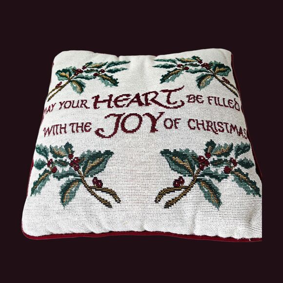 Christmas Throw Pillow Tapestry Heart Joy Letters Woven 12"x 12" Cottage Granny - Picture 6 of 8